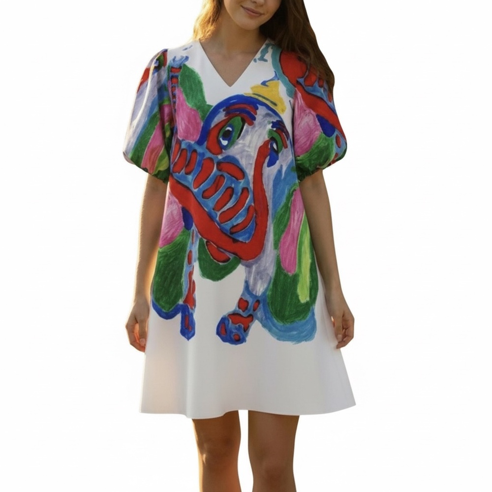 # A188   Nancy  Festival chic  Elephant Print  Puff Sleeve Dress  NWT  S
